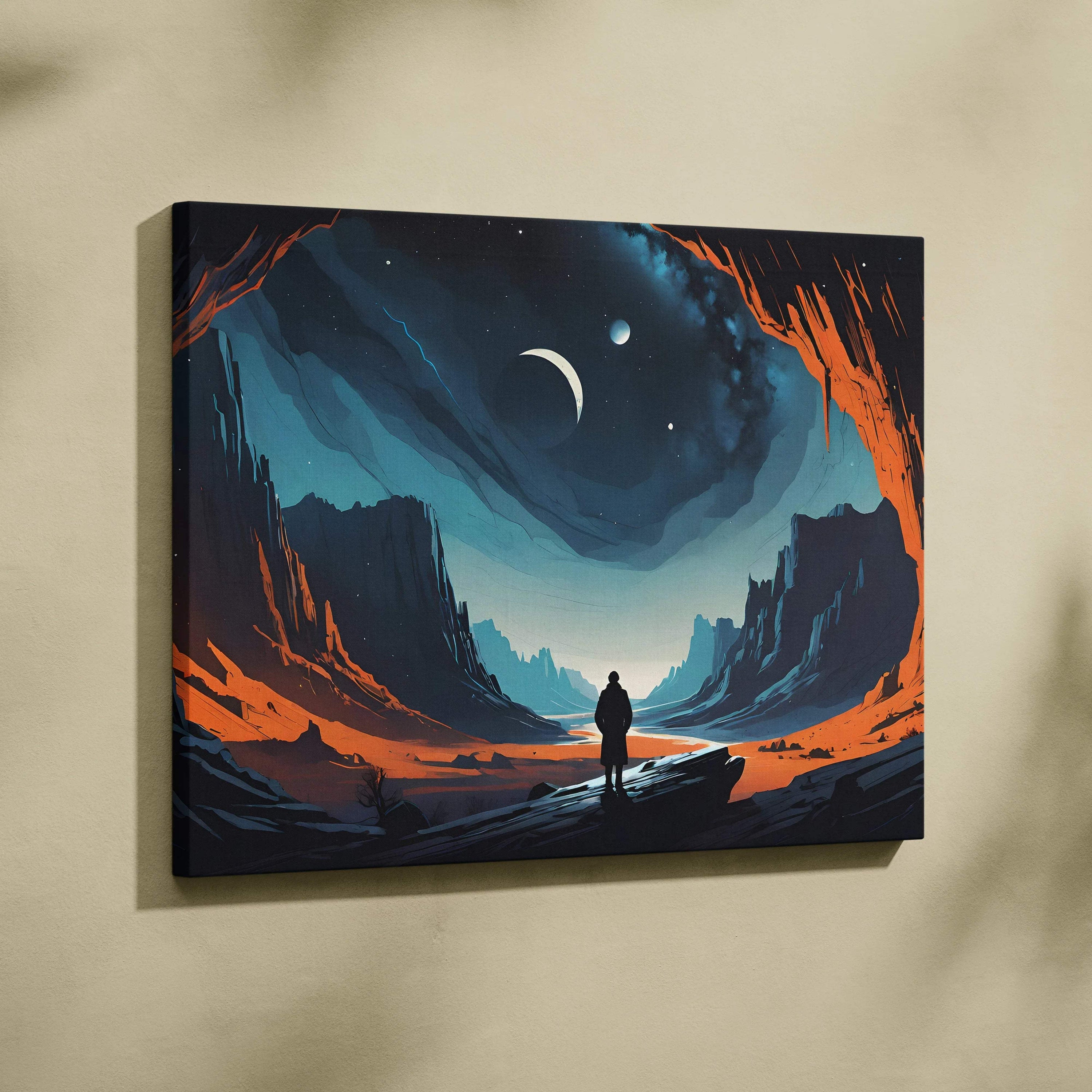 Cinematic surreal lone figure in cosmic canyon with glowing orange cliffs canvas art