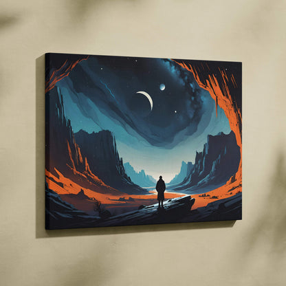 Cinematic surreal lone figure in cosmic canyon with glowing orange cliffs canvas art