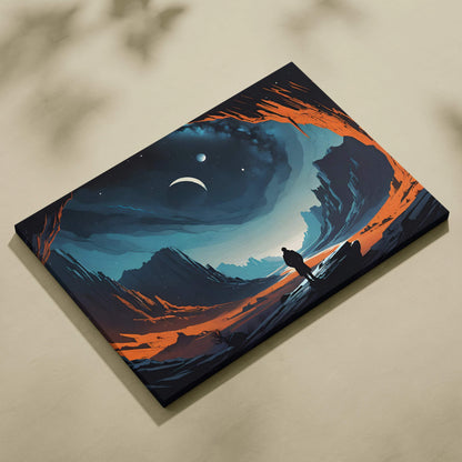 Cinematic surreal lone figure in cosmic canyon canvas wall art