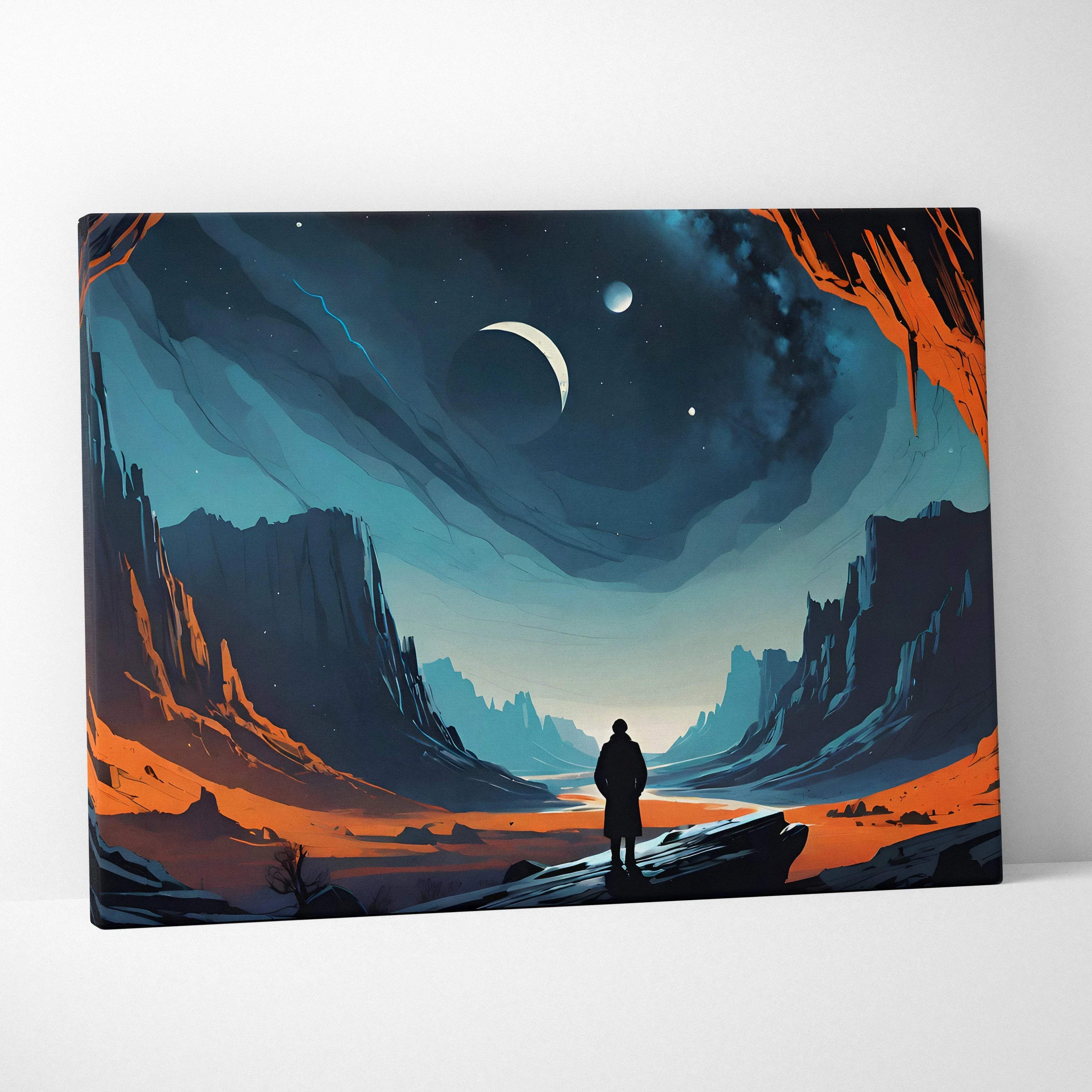 Cinematic surreal lone figure in cosmic canyon canvas wall art