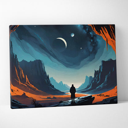 Cinematic surreal lone figure in cosmic canyon canvas wall art