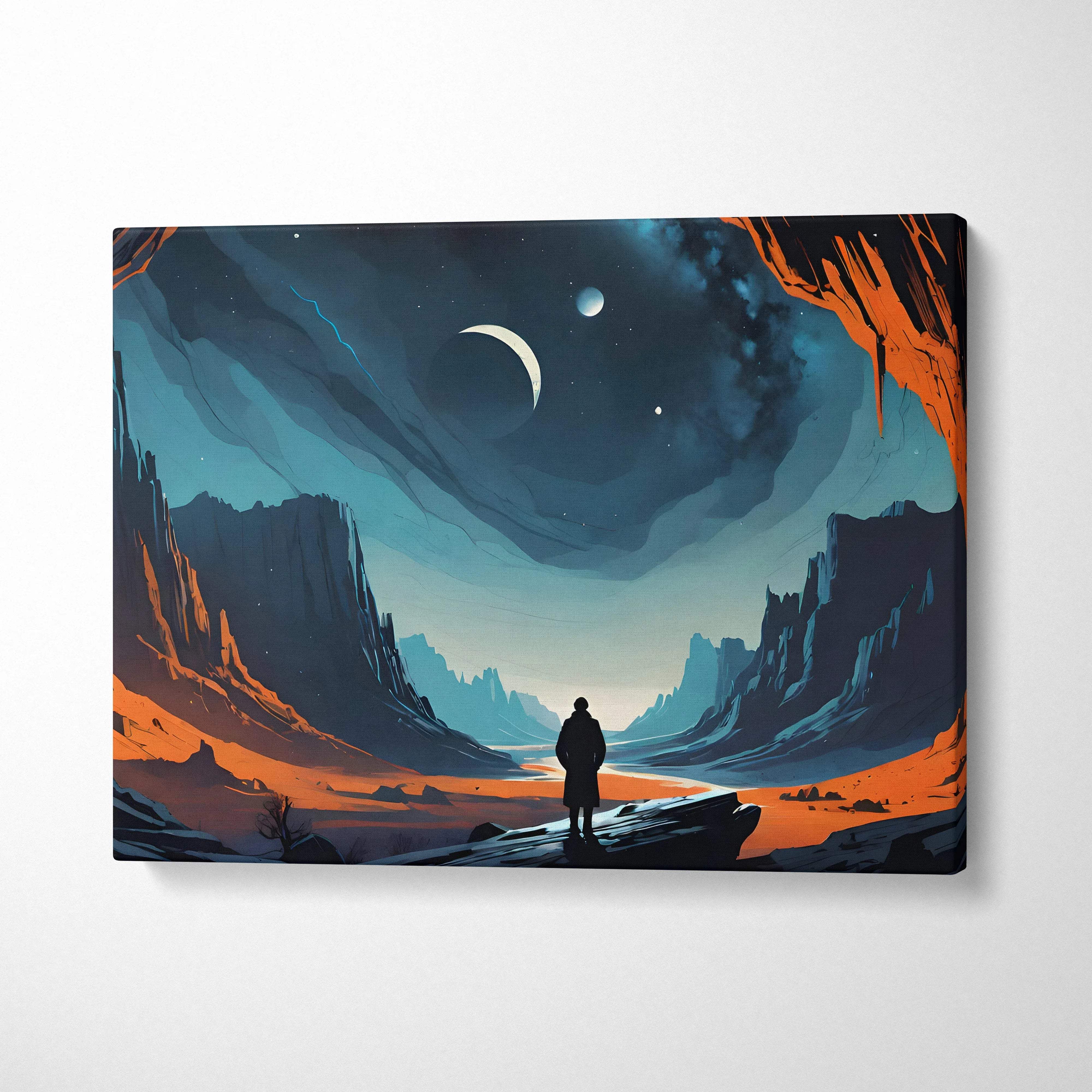 Cinematic surreal lone figure in cosmic canyon canvas wall art