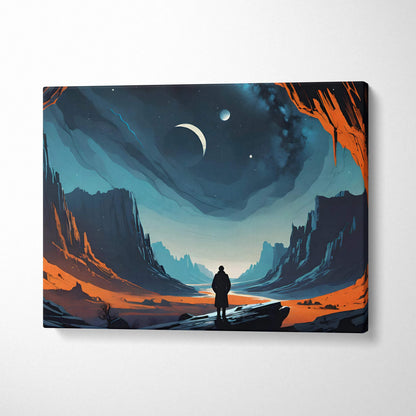 Cinematic surreal lone figure in cosmic canyon canvas wall art