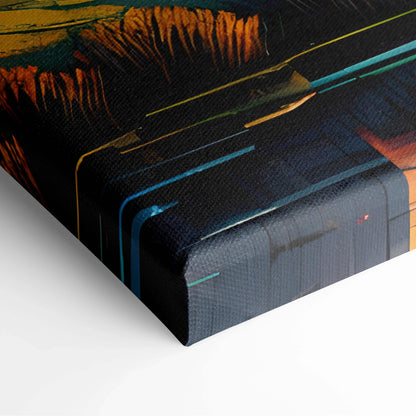 Epic fantasy stone aqueduct sunset canvas in orange teal brushstrokes