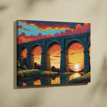 Epic fantasy stone aqueduct sunset over reflective river canvas print