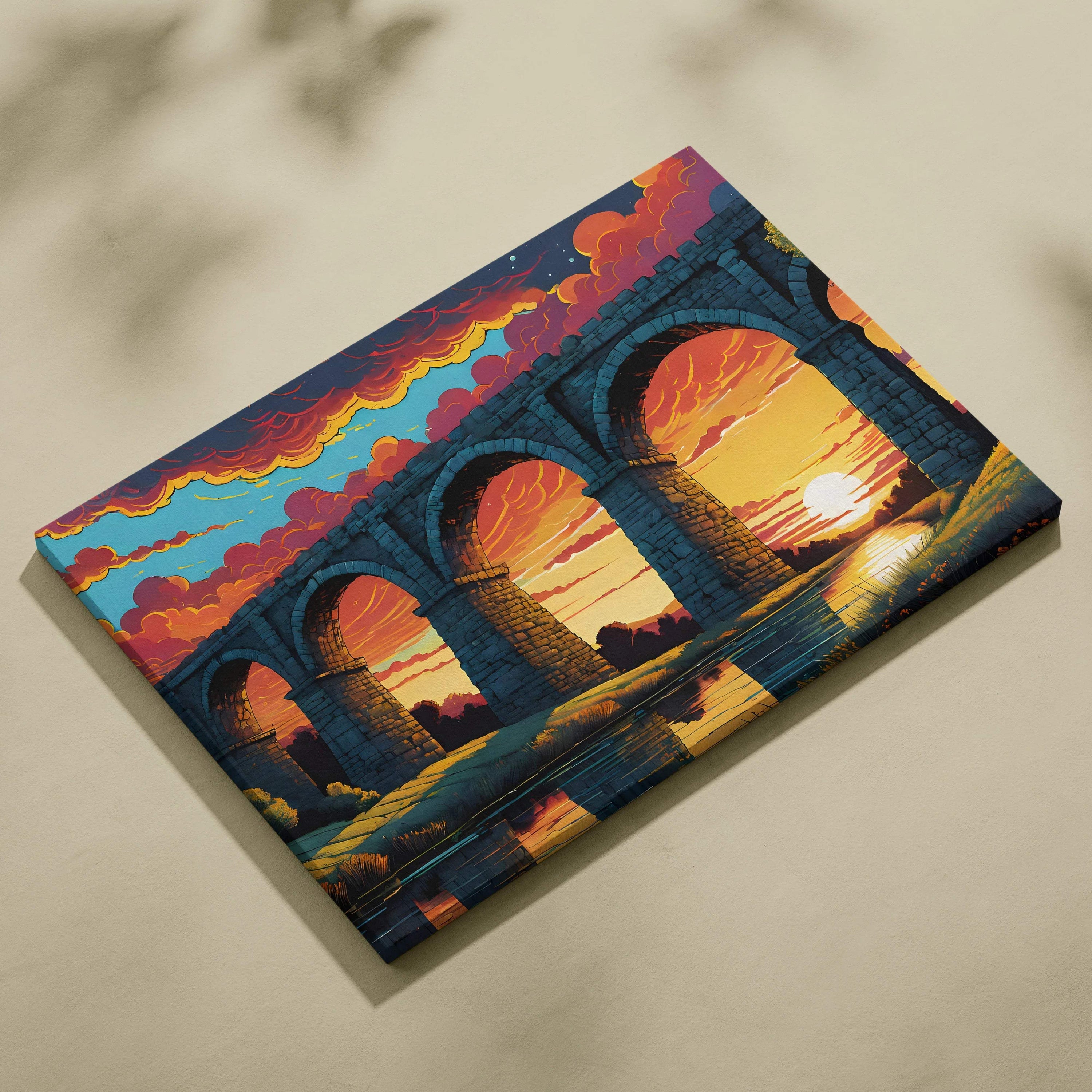 Epic fantasy stone aqueduct sunset over reflective river canvas print