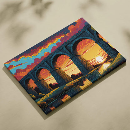 Epic fantasy stone aqueduct sunset over reflective river canvas print