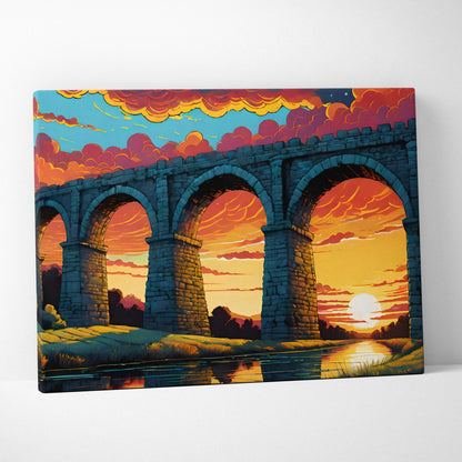 Epic fantasy stone aqueduct sunset over reflective river canvas art
