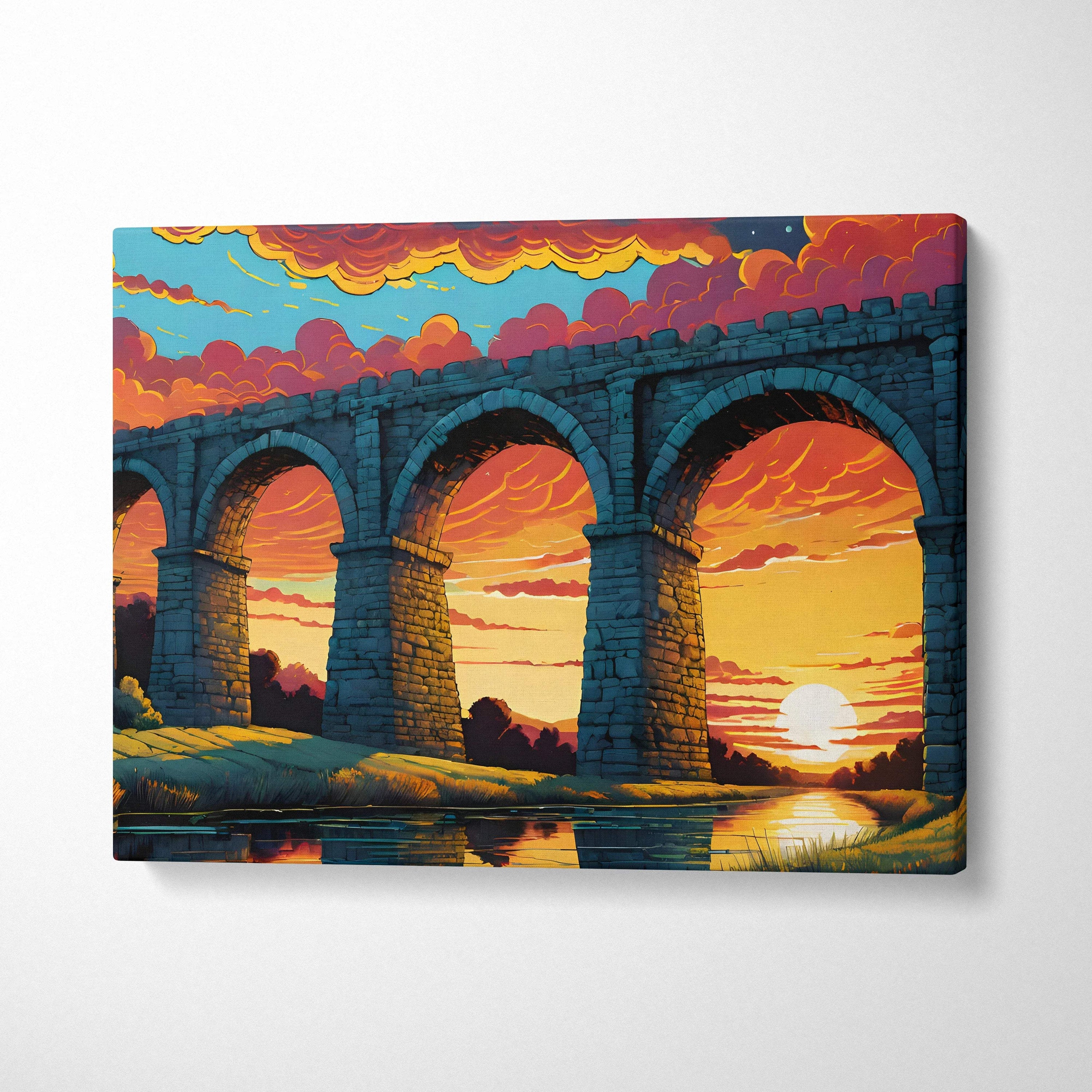 Epic fantasy stone aqueduct sunset over reflective river canvas art