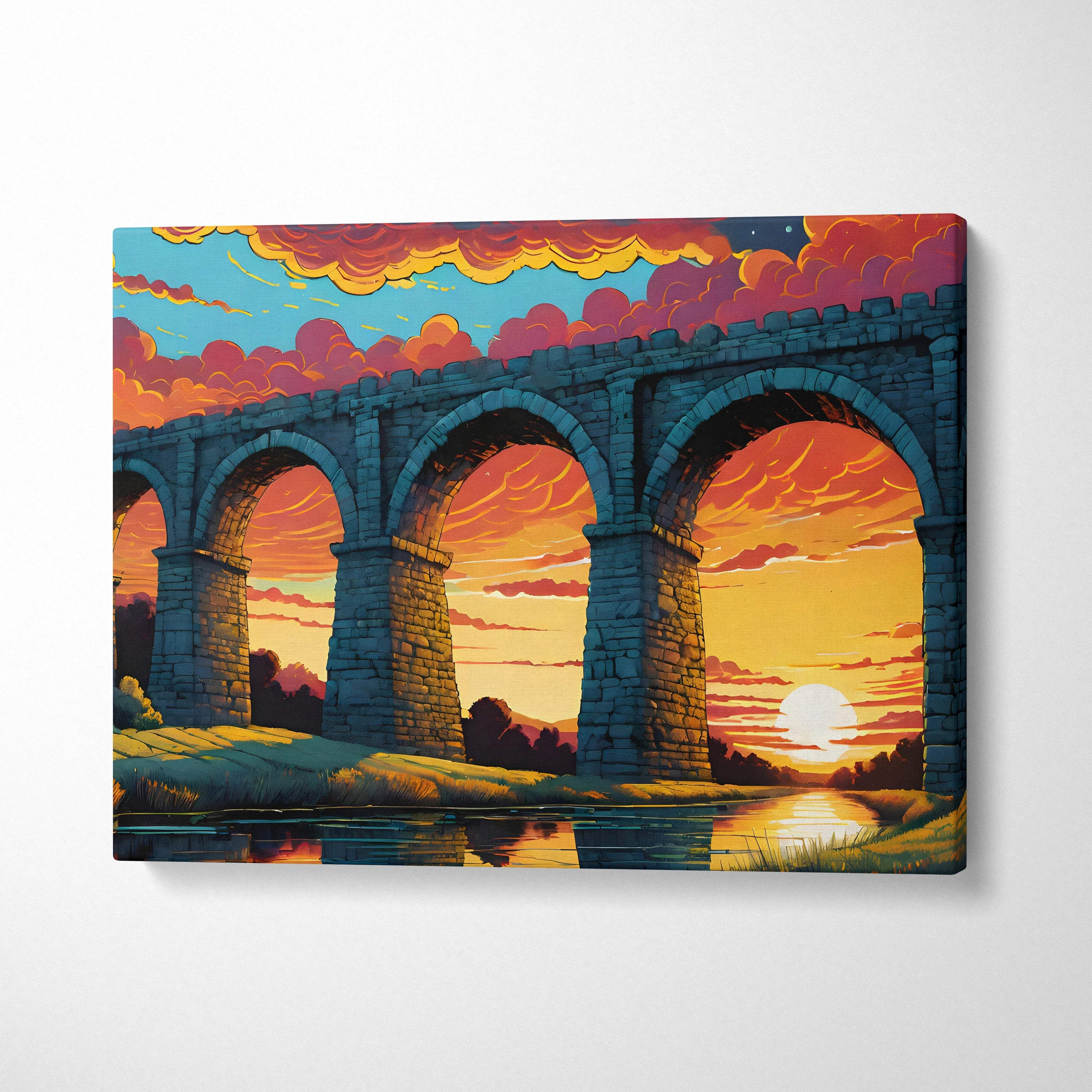 Epic fantasy stone aqueduct sunset over reflective river canvas art