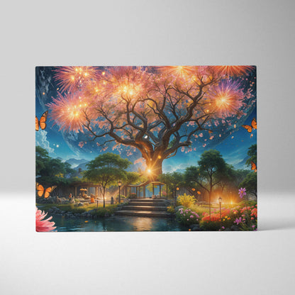 Magical fantasy tree with glowing blossoms and fireworks over moonlit garden canvas art