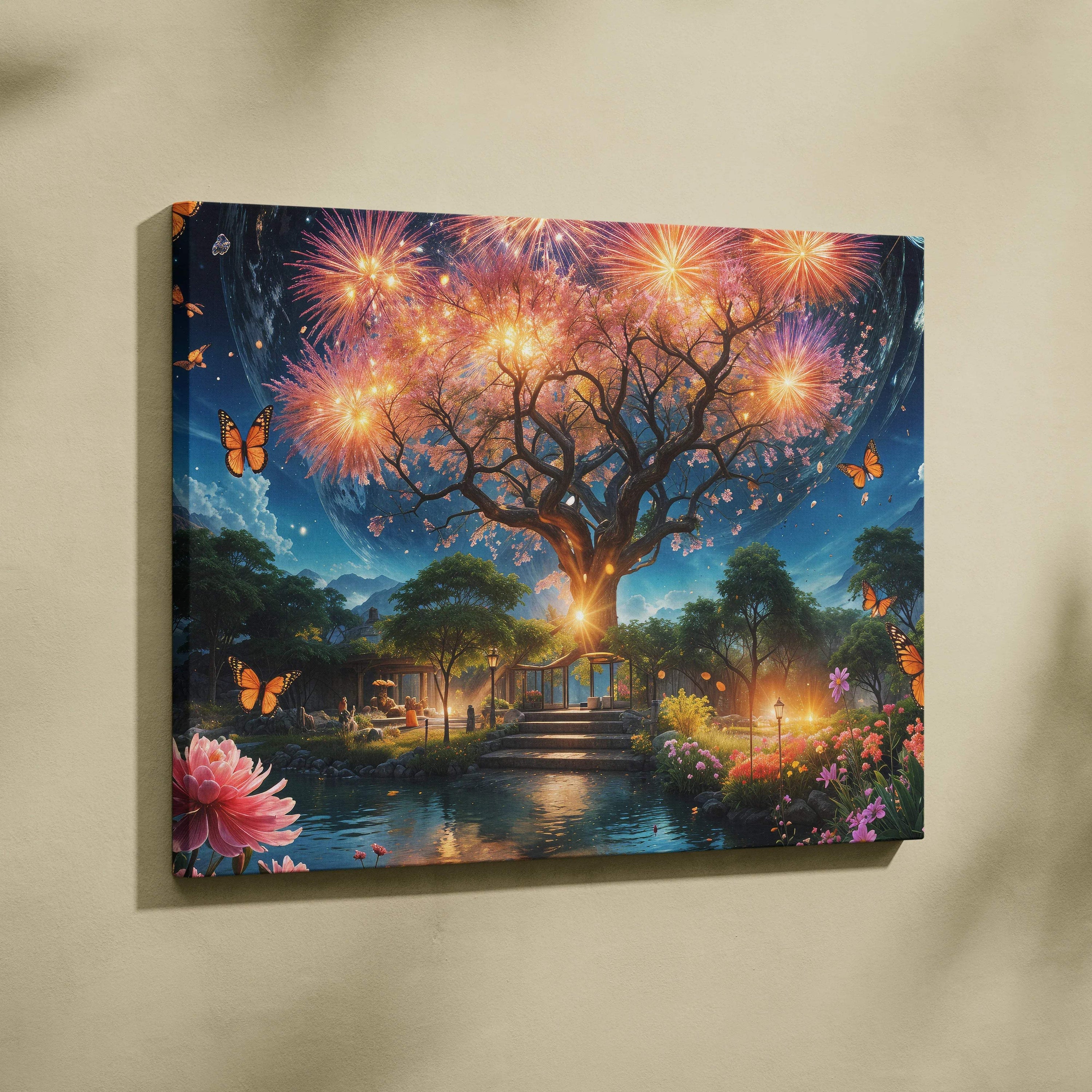 Magical fantasy tree with glowing blossoms, fireworks, moonlit garden canvas art
