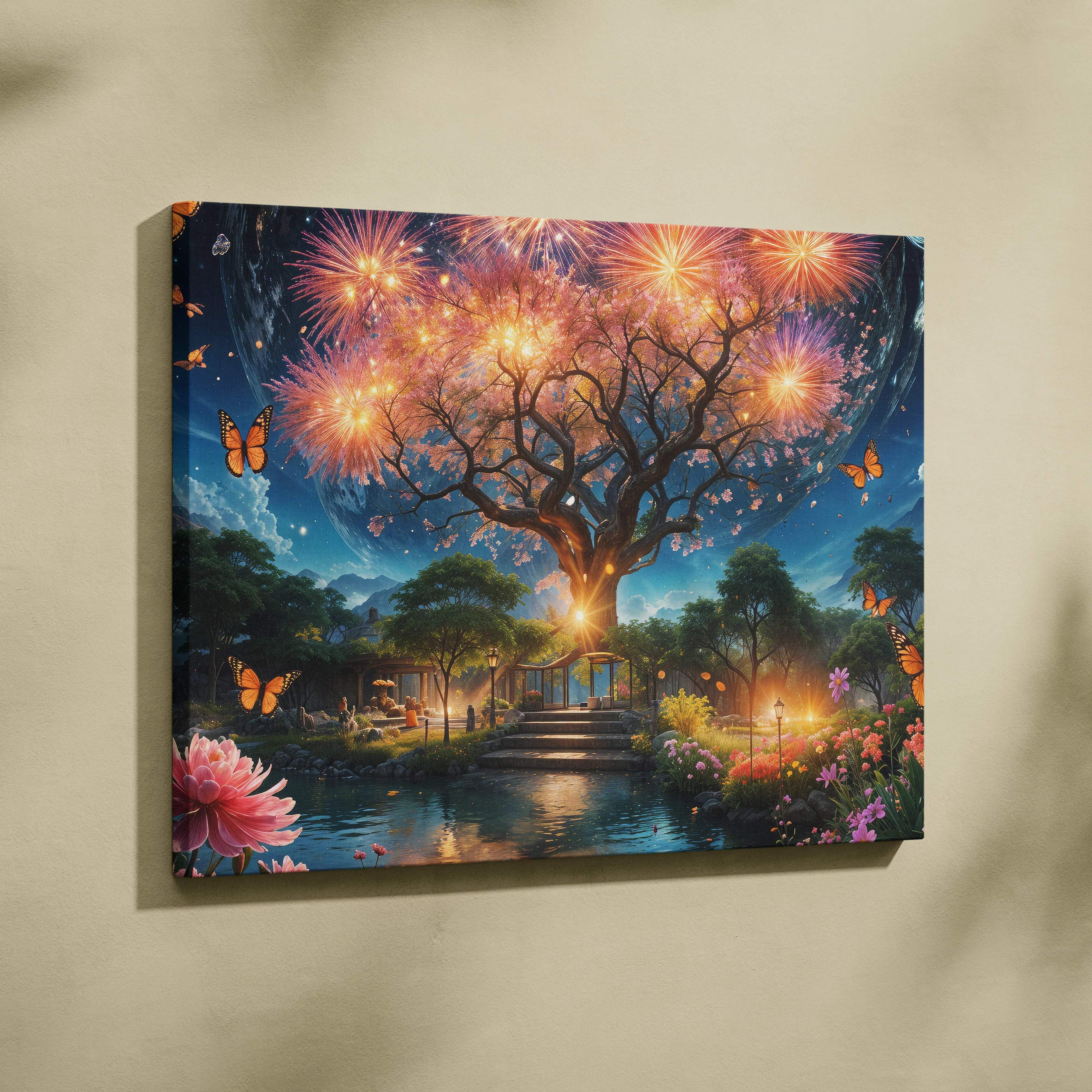 Magical fantasy tree with glowing blossoms, fireworks, moonlit garden canvas art