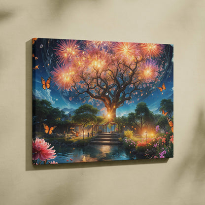 Magical fantasy tree with glowing blossoms, fireworks, moonlit garden canvas art