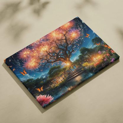 Magical fantasy tree with glowing blossoms and fireworks over moonlit garden canvas art