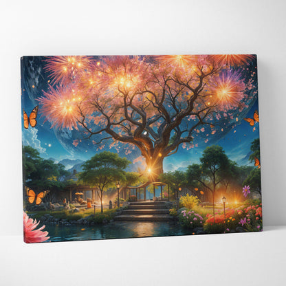 Magical fantasy tree with glowing blossoms and fireworks on starry night canvas art