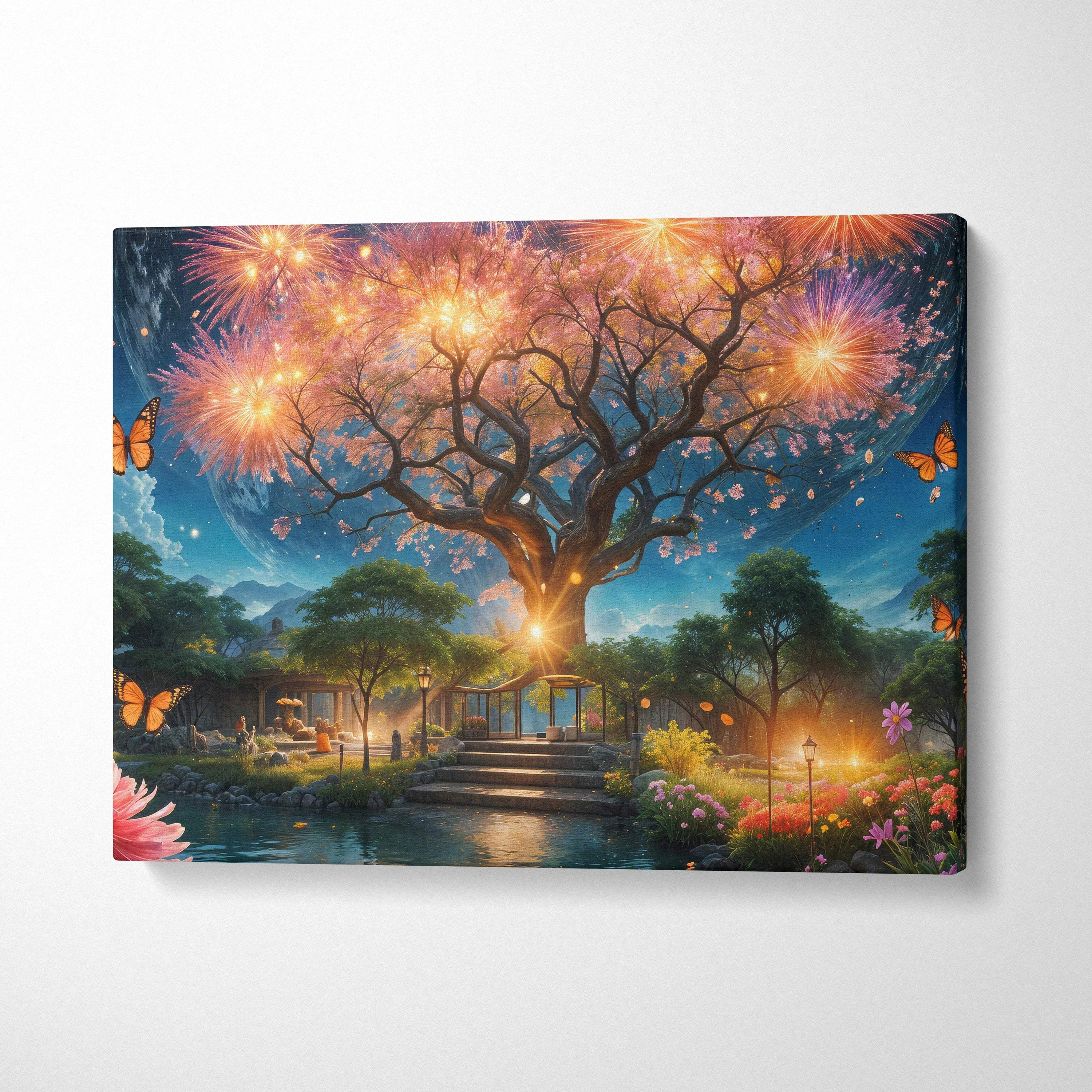 Magical fantasy tree with glowing blossoms and fireworks over moonlit garden canvas art