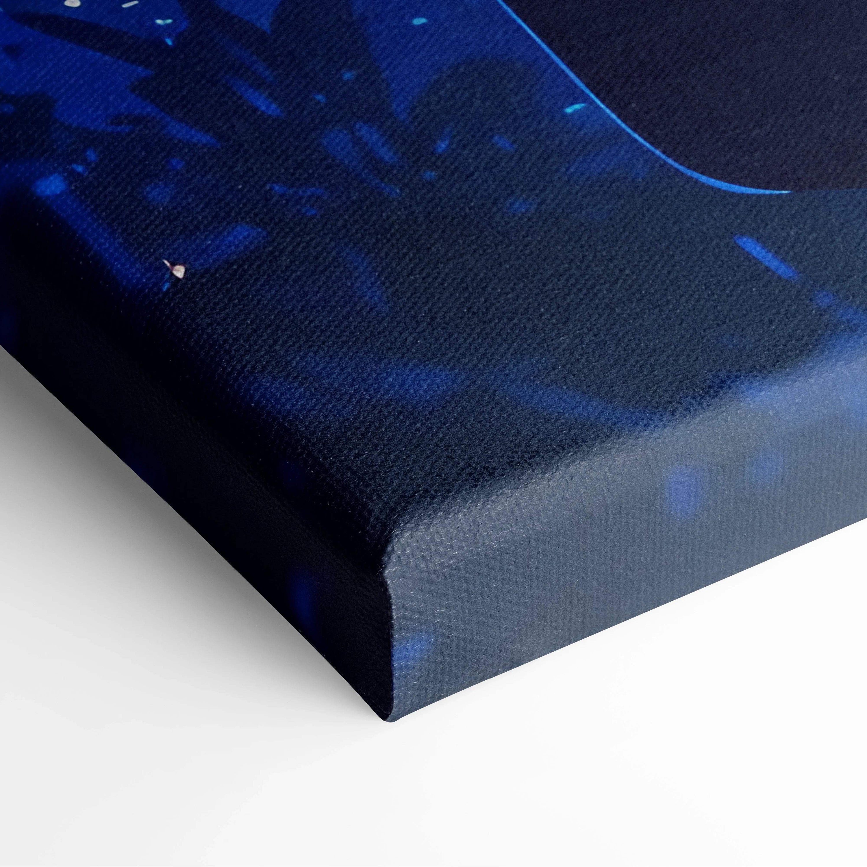 Deep blue textured abstract splatter canvas print of anime boy overlooking moody cyan night city