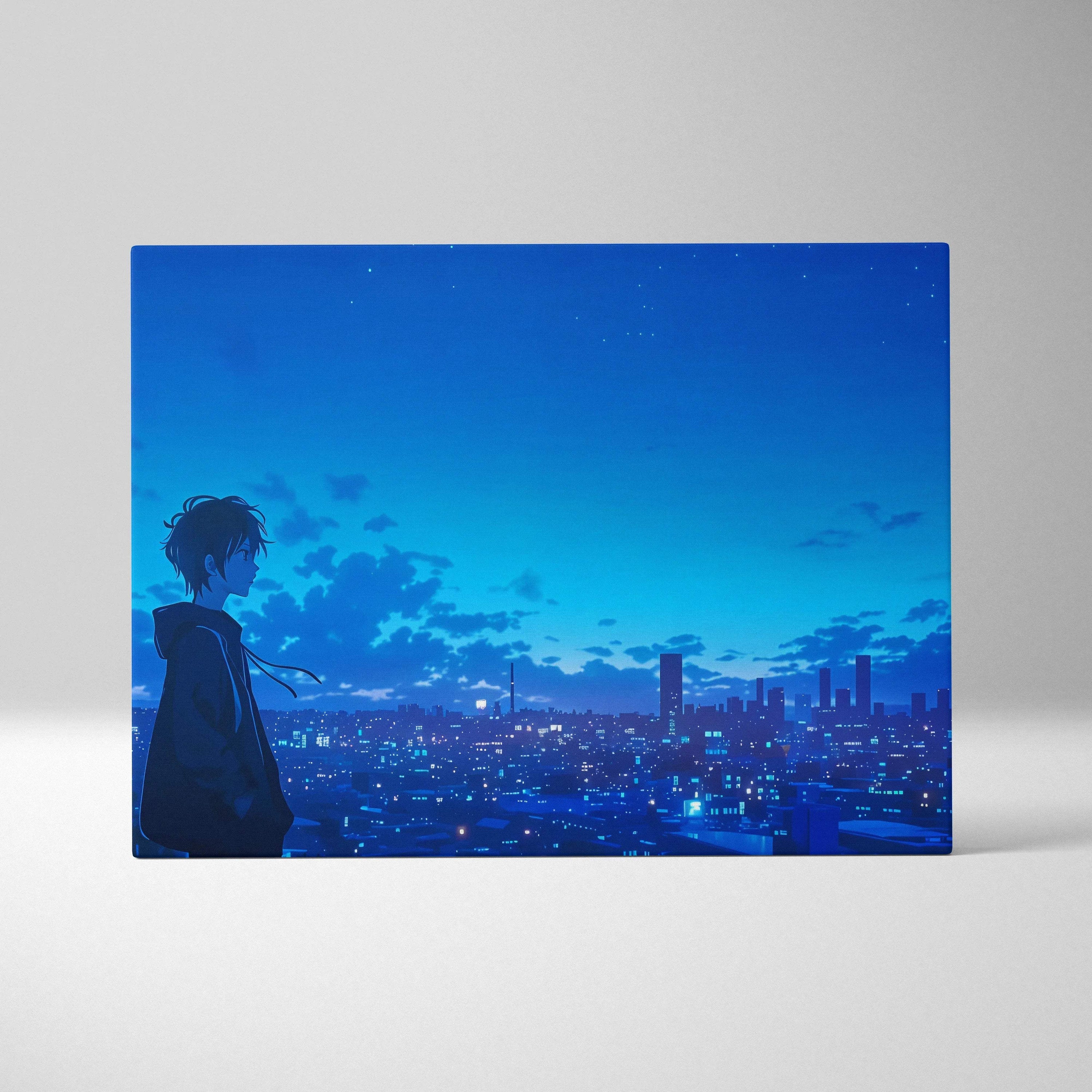 Anime boy silhouette overlooking moody cyan-toned night city canvas art