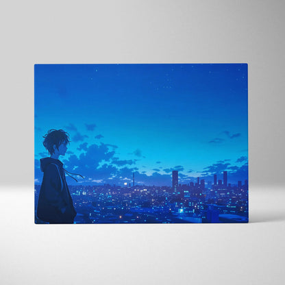 Anime boy silhouette overlooking moody cyan-toned night city canvas art