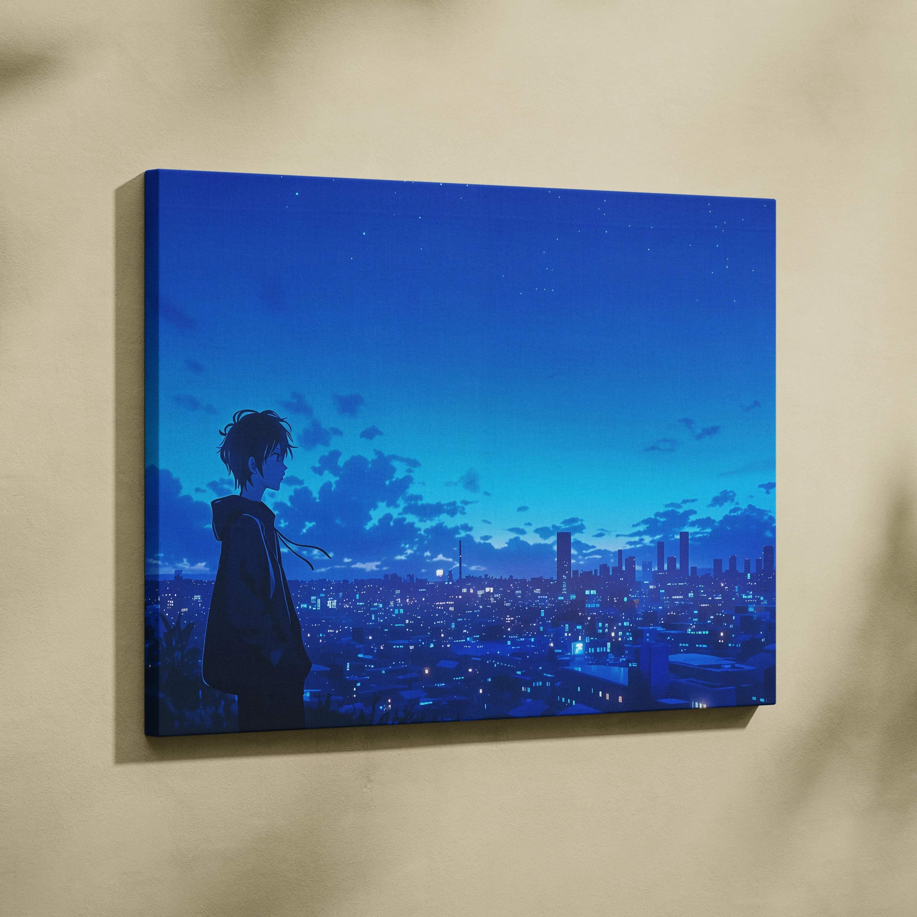 Anime boy silhouette overlooking moody cyan-toned dusk cityscape canvas print