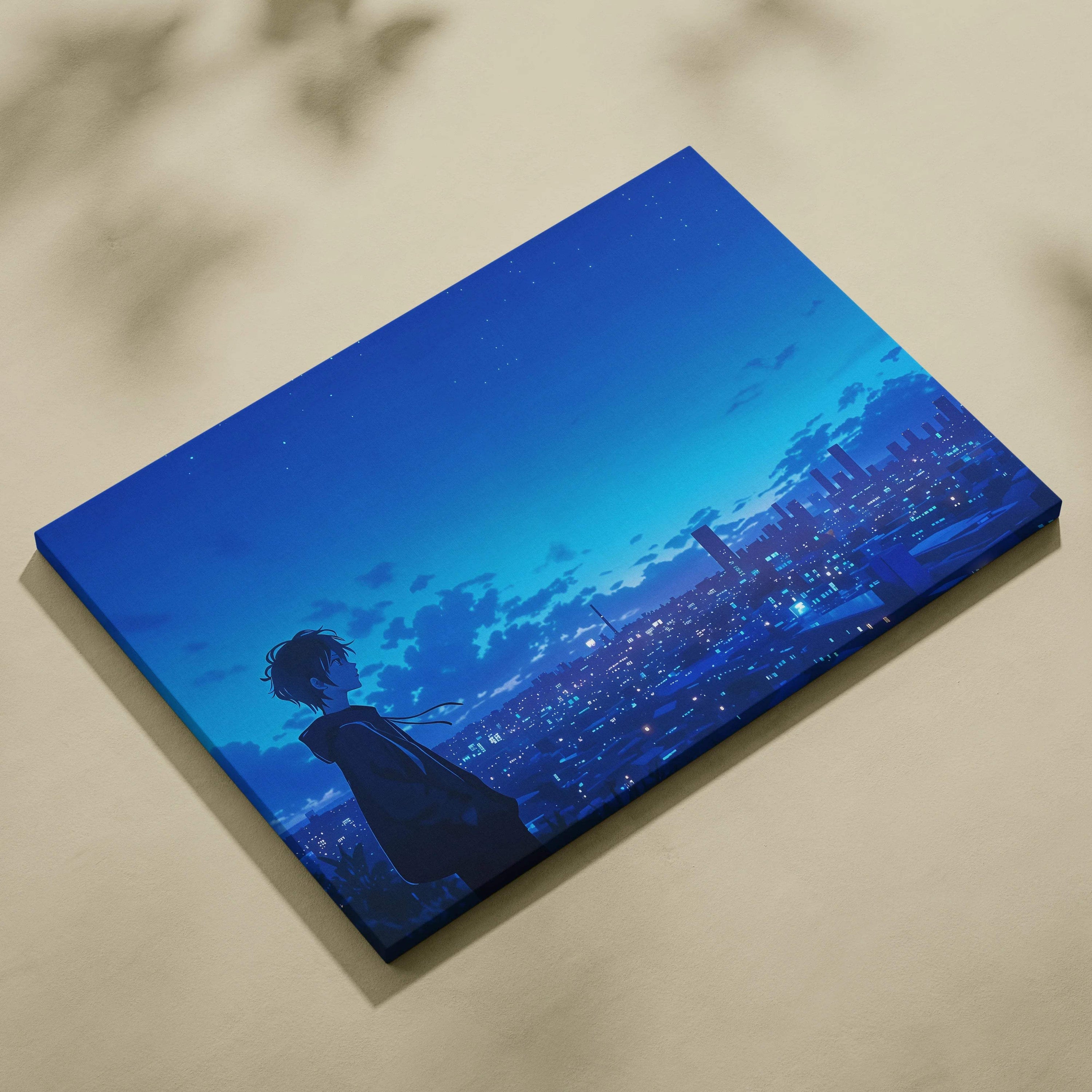 Anime boy silhouette overlooking twilight city in cyan tones canvas art