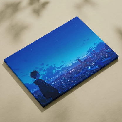 Anime boy silhouette overlooking twilight city in cyan tones canvas art