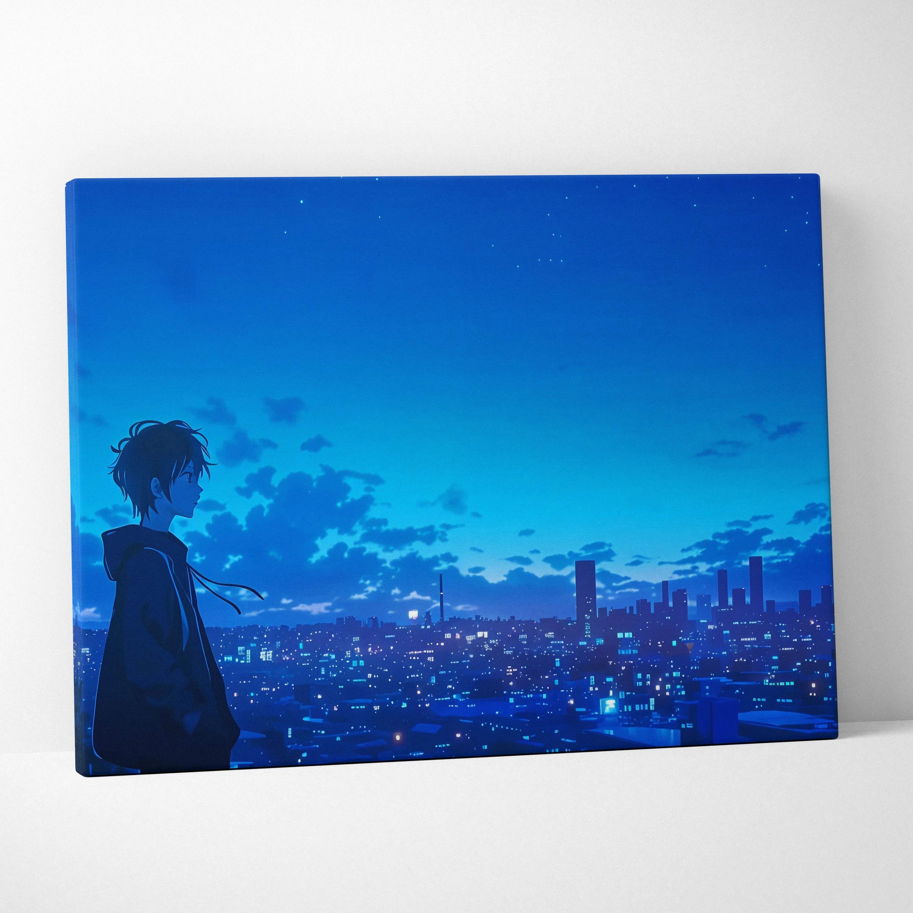 Anime boy silhouette over moody cyan-toned night city canvas art