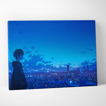 Anime boy silhouette over moody cyan-toned night city canvas art