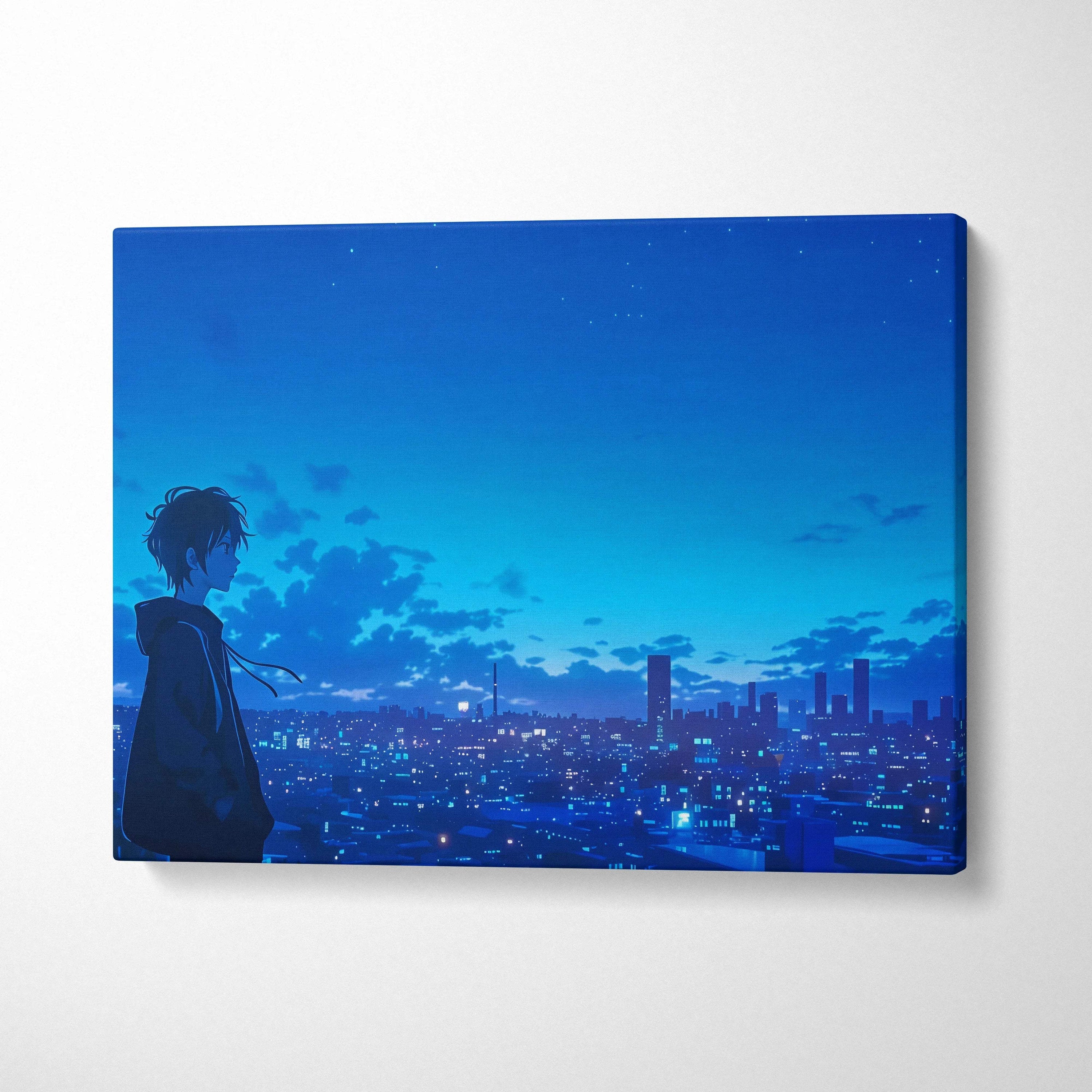 Anime boy silhouette overlooking moody cyan-toned night city canvas art