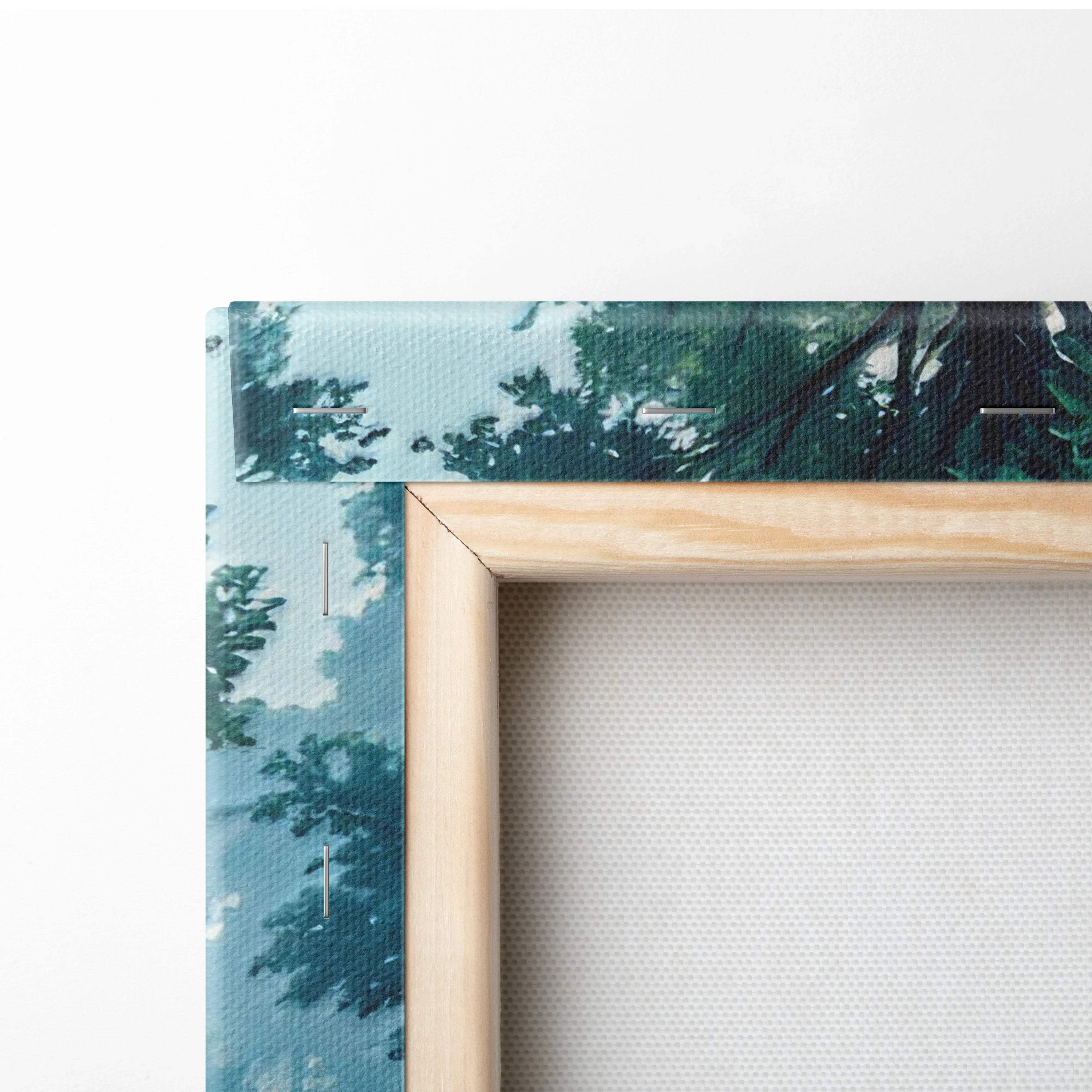 Light wood frame with teal green forest river canvas print