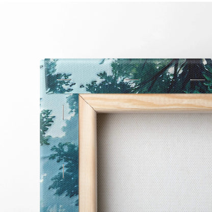 Light wood frame with teal green forest river canvas print