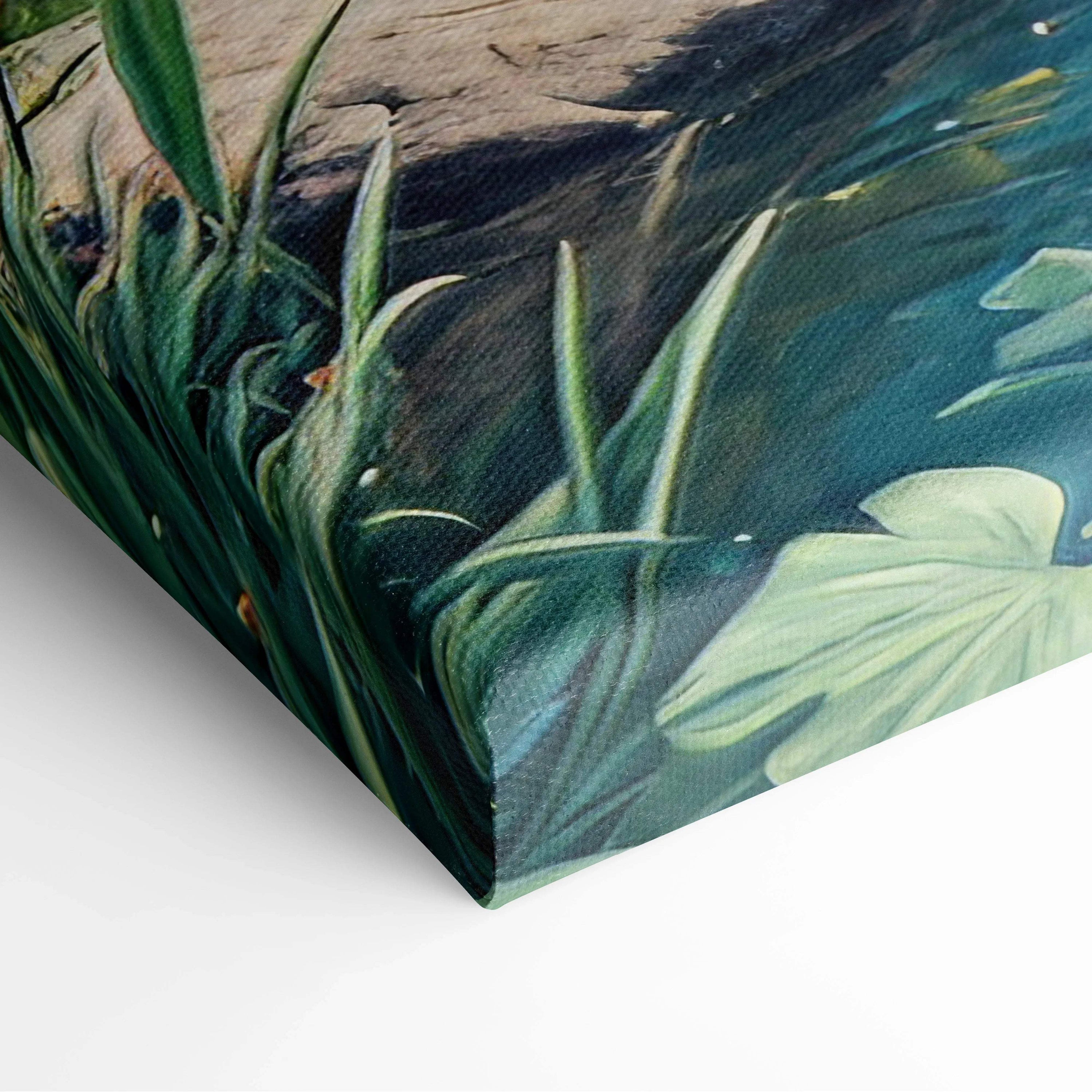 Peaceful forest river canvas art with lush green grasses, wildflowers, tall trees, blue tones