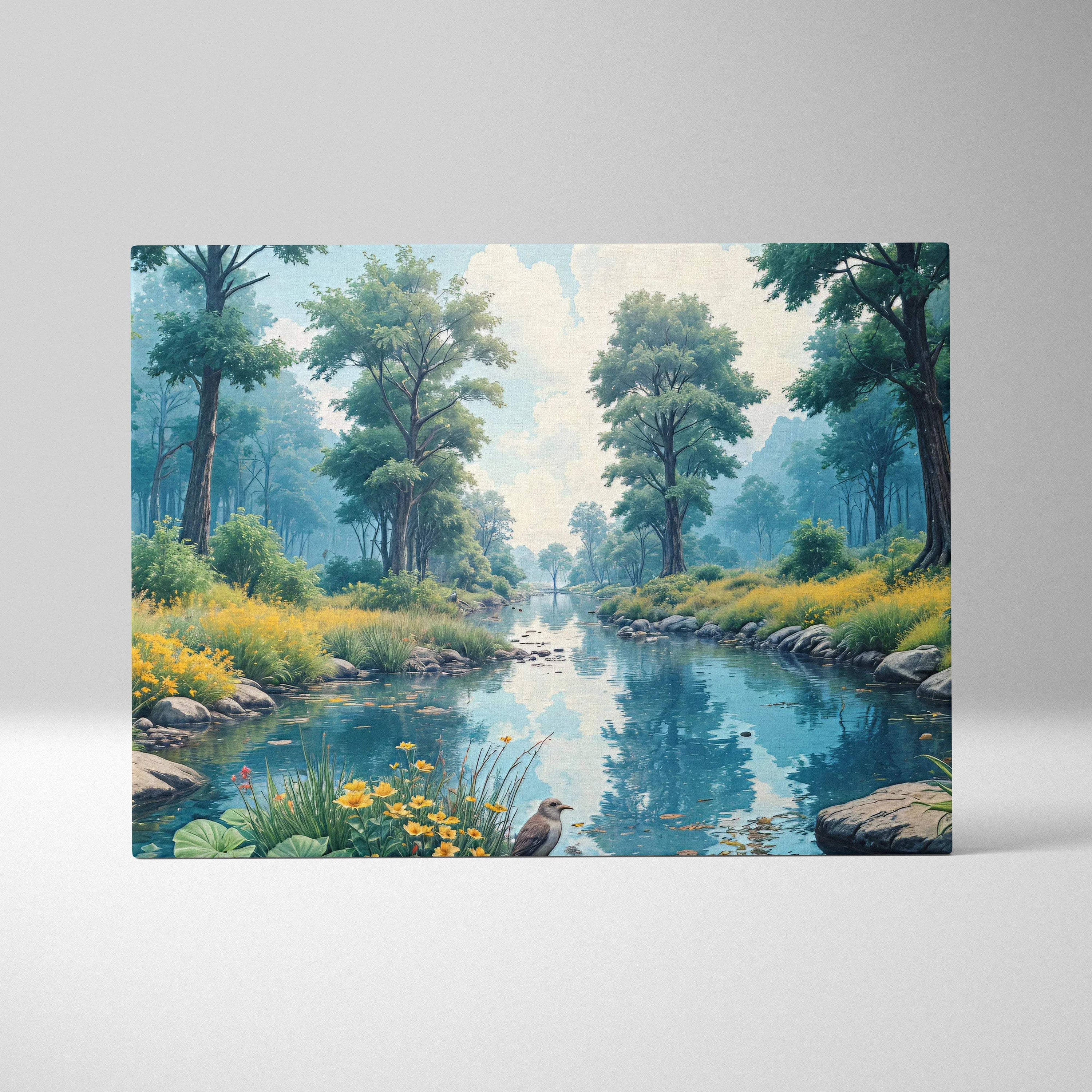 Peaceful forest river canvas art with blooming wildflowers and lush trees