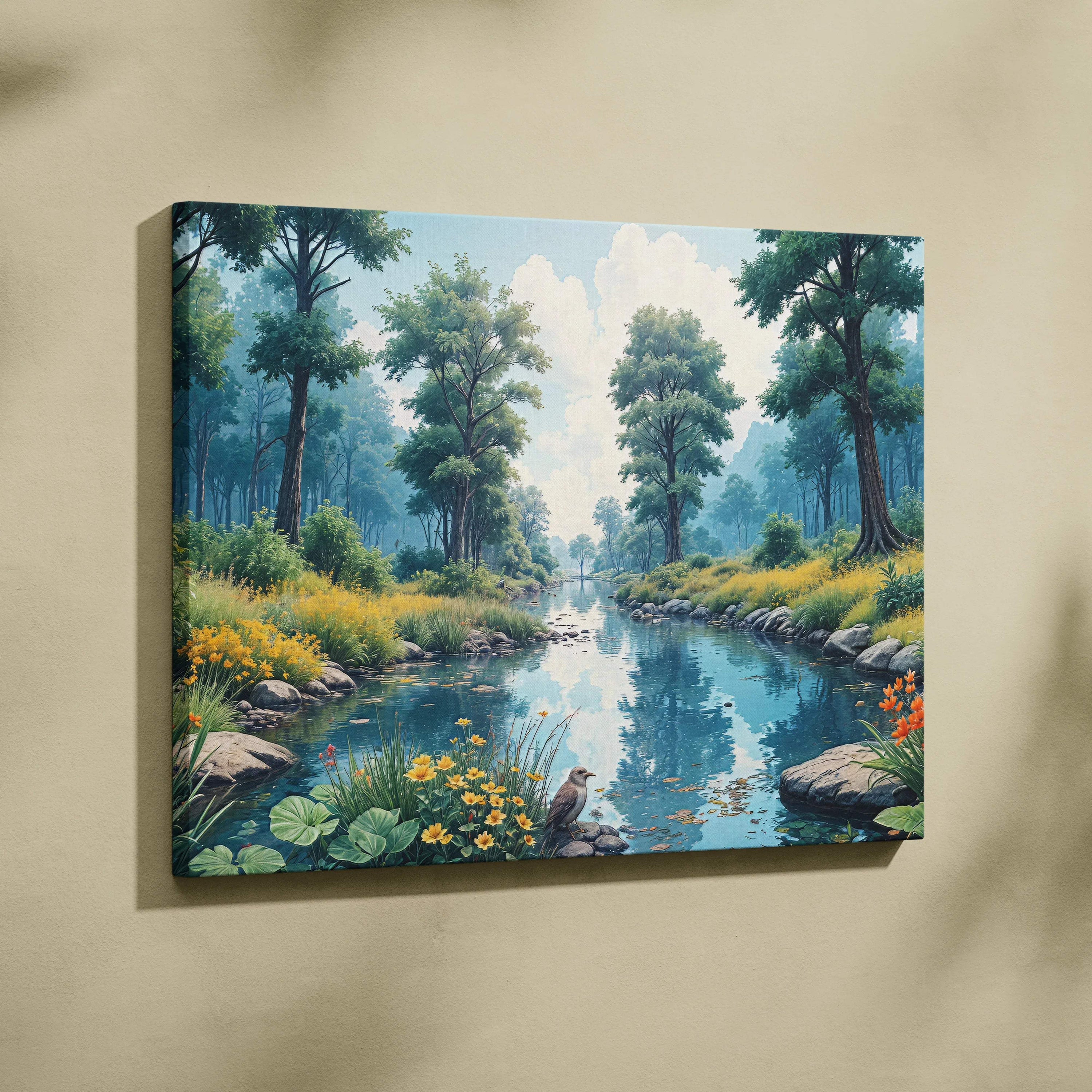 Peaceful forest river canvas art with wildflowers, trees, stream, lily pads