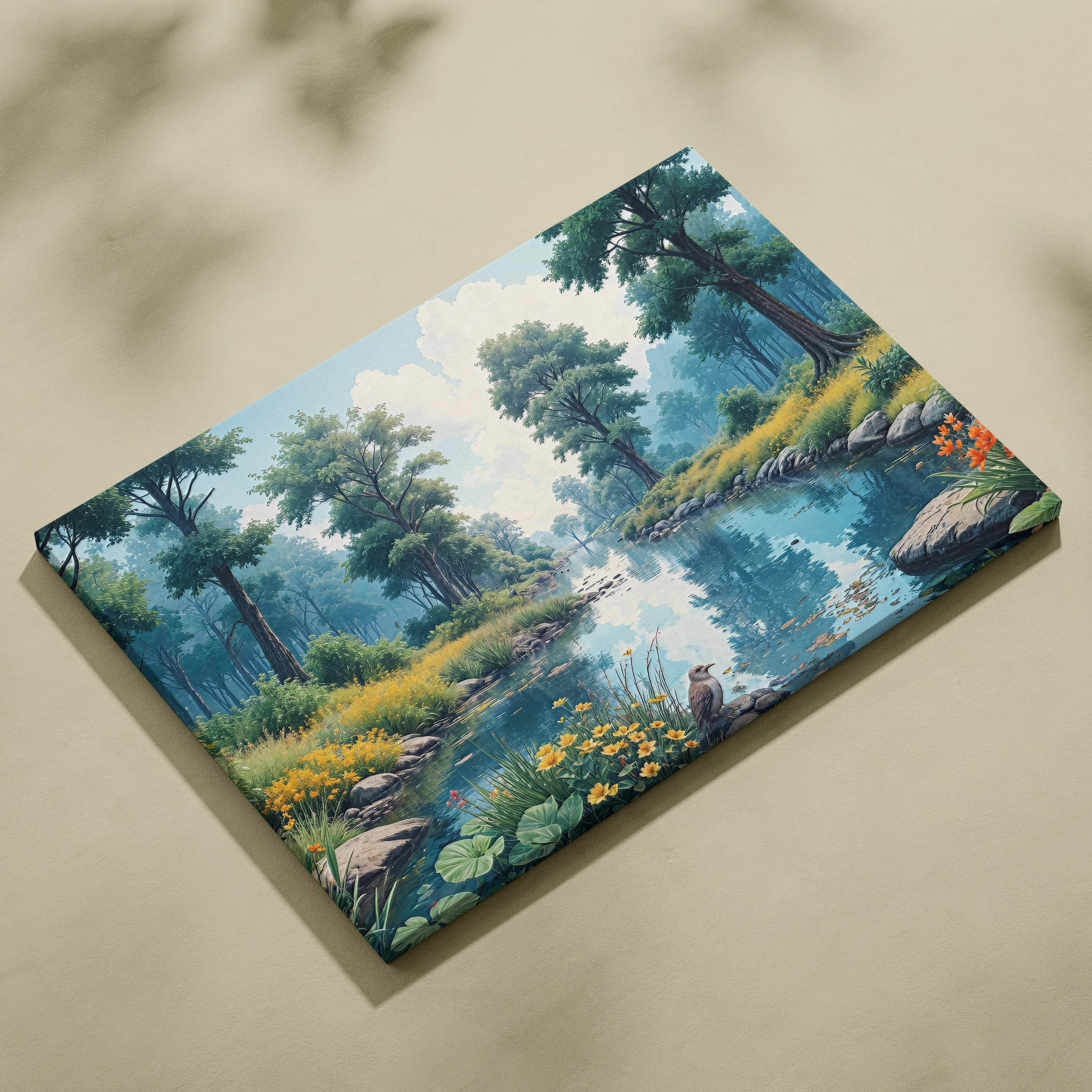 Peaceful forest river with wildflowers, trees, pond, bird canvas art