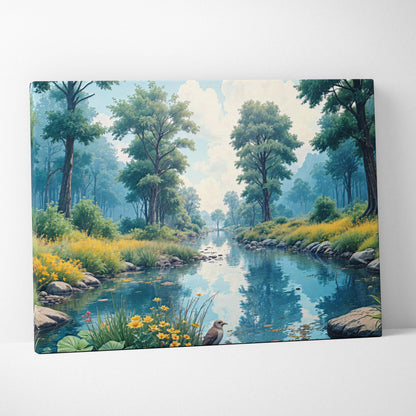 Peaceful forest river canvas art with blooming wildflowers and lush trees