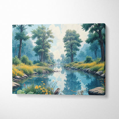 Peaceful forest river with blooming wildflowers and tall trees canvas art