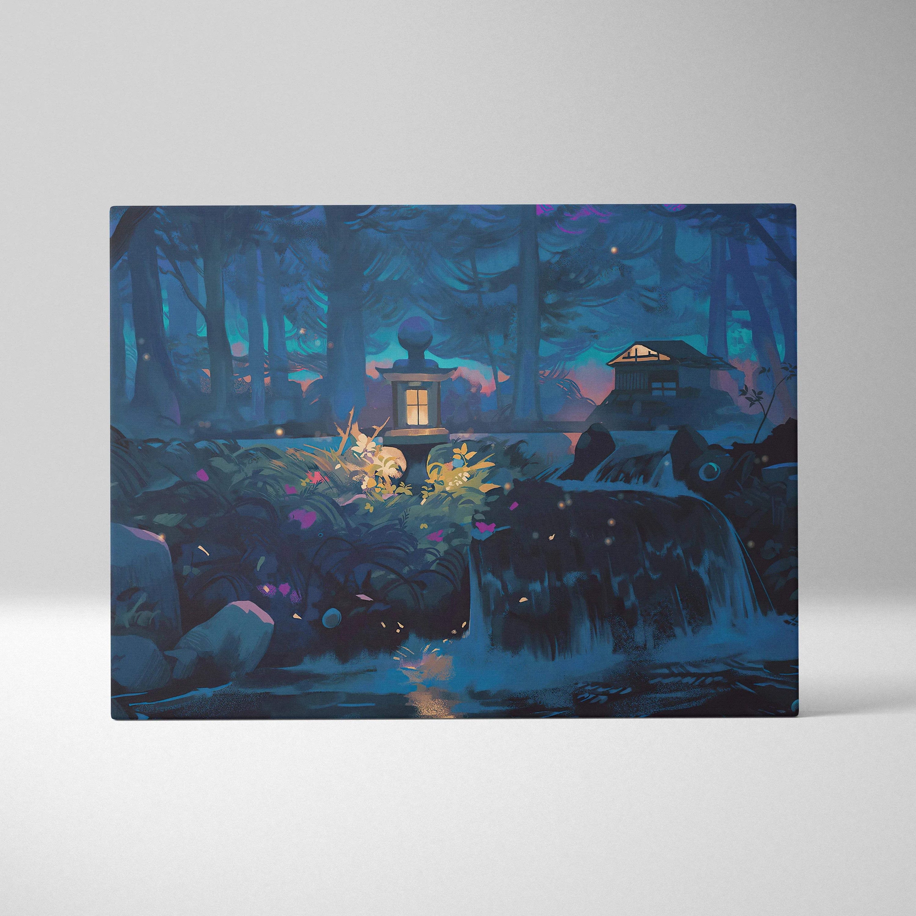 Enchanted night forest canvas with lanterns, waterfalls, dreamy cabin in blue purple tones