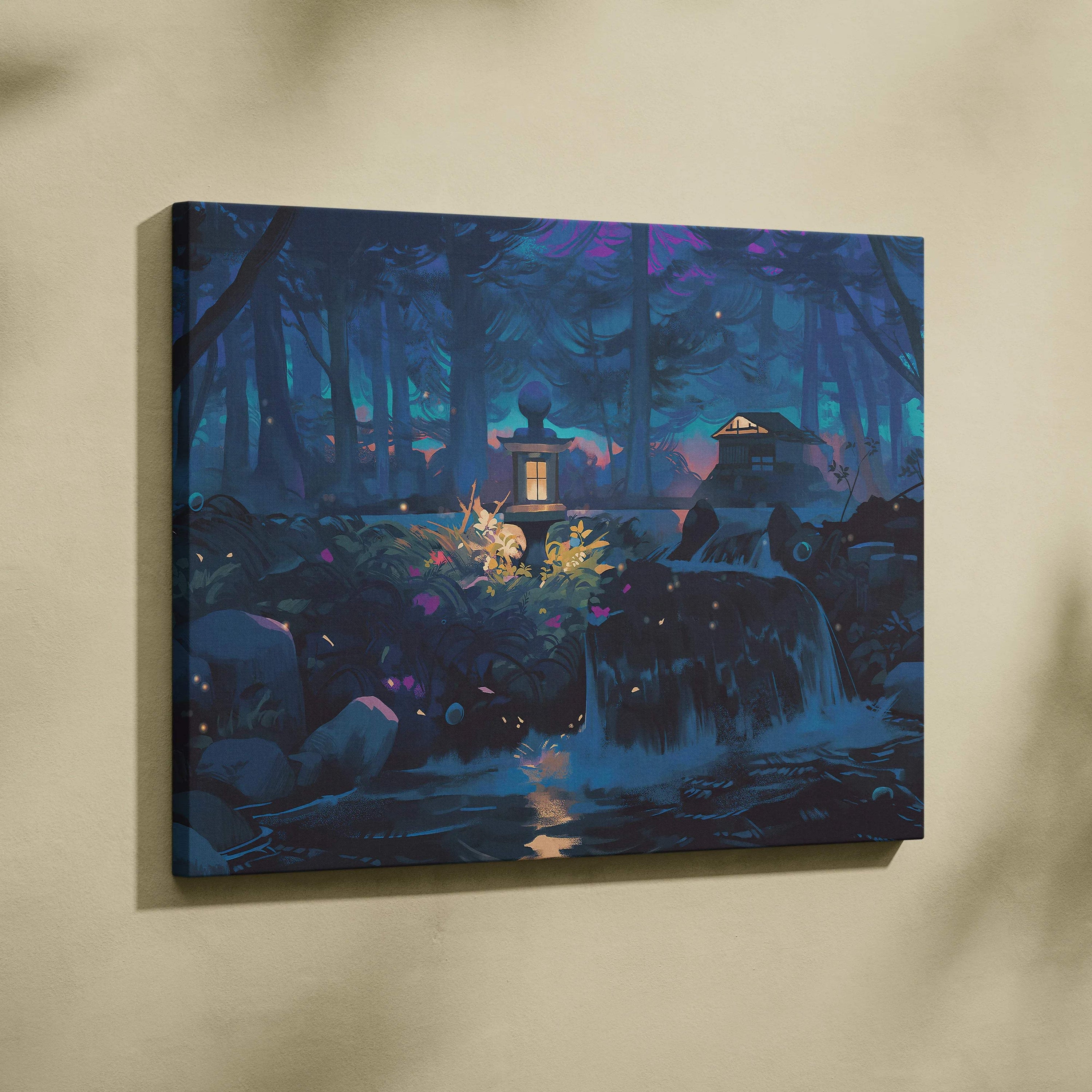 Enchanted night forest canvas wall art with lanterns waterfalls dreamy cabin scene