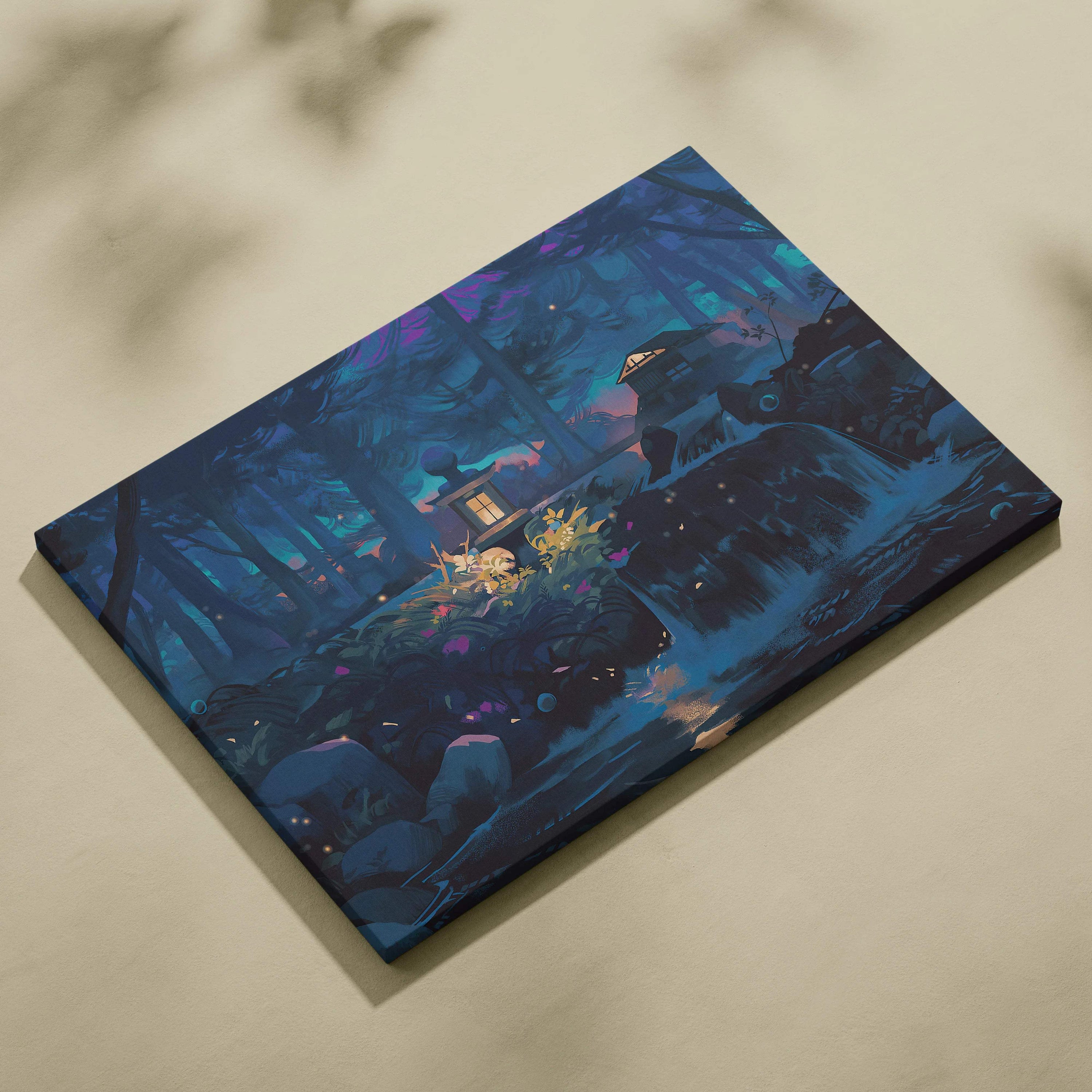 Enchanted night forest canvas art with lanterns, waterfall, cabin in blue purple tones