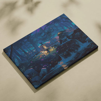 Enchanted night forest canvas art with lanterns, waterfall, cabin in blue purple tones