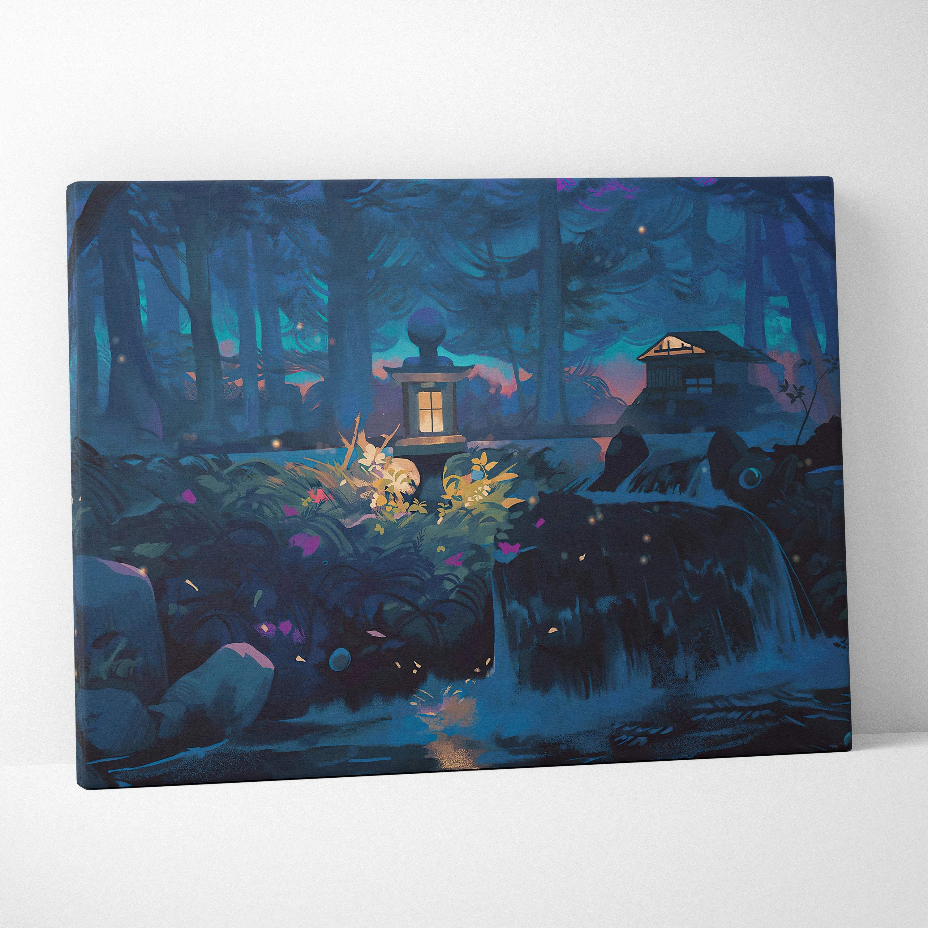 Enchanted night forest canvas art with lanterns, waterfall, dreamy cabin in deep blue purple tones