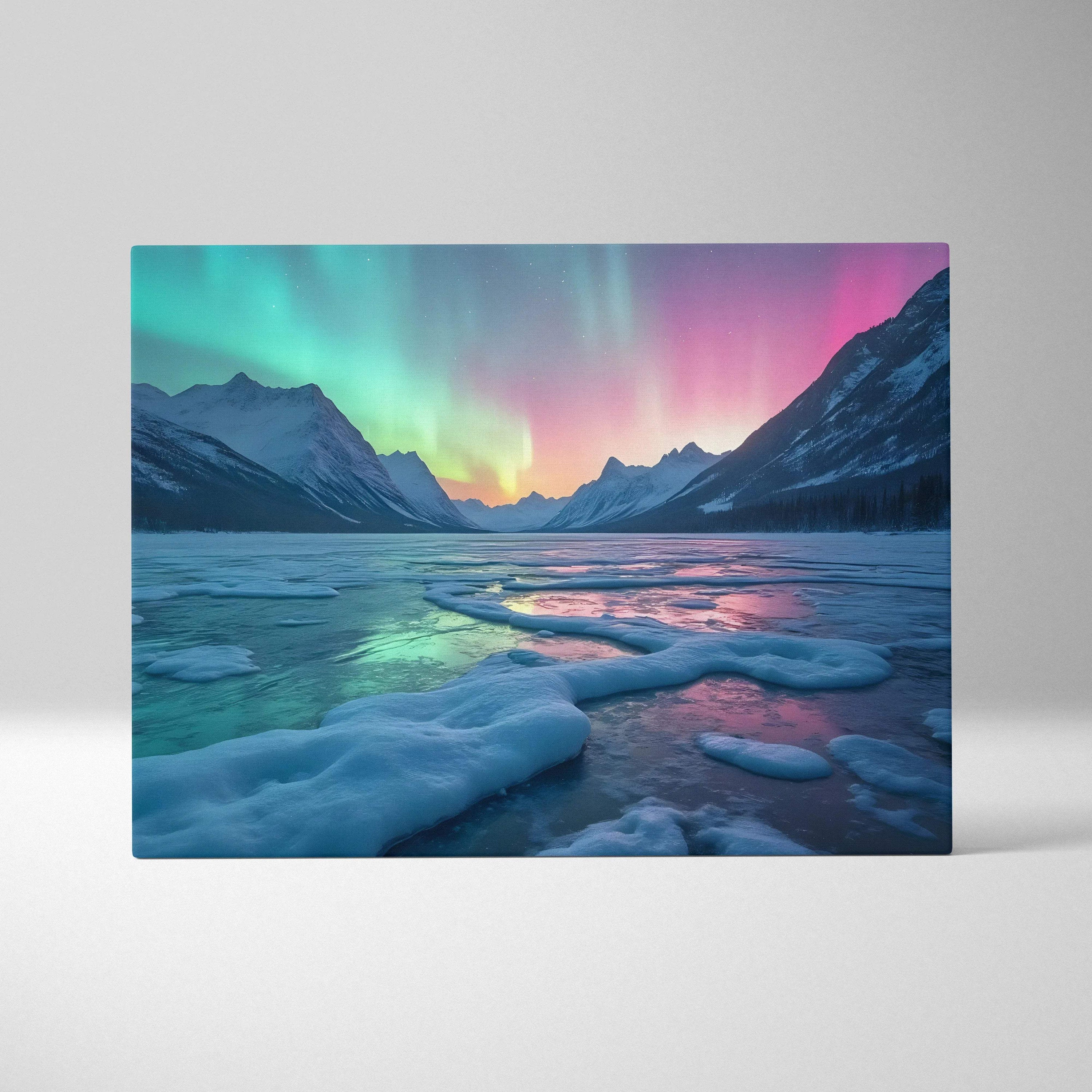 Serene northern lights over frozen lake and snow-capped mountains canvas art