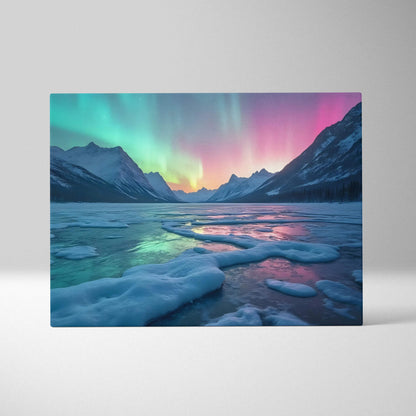 Serene northern lights over frozen lake and snow-capped mountains canvas art