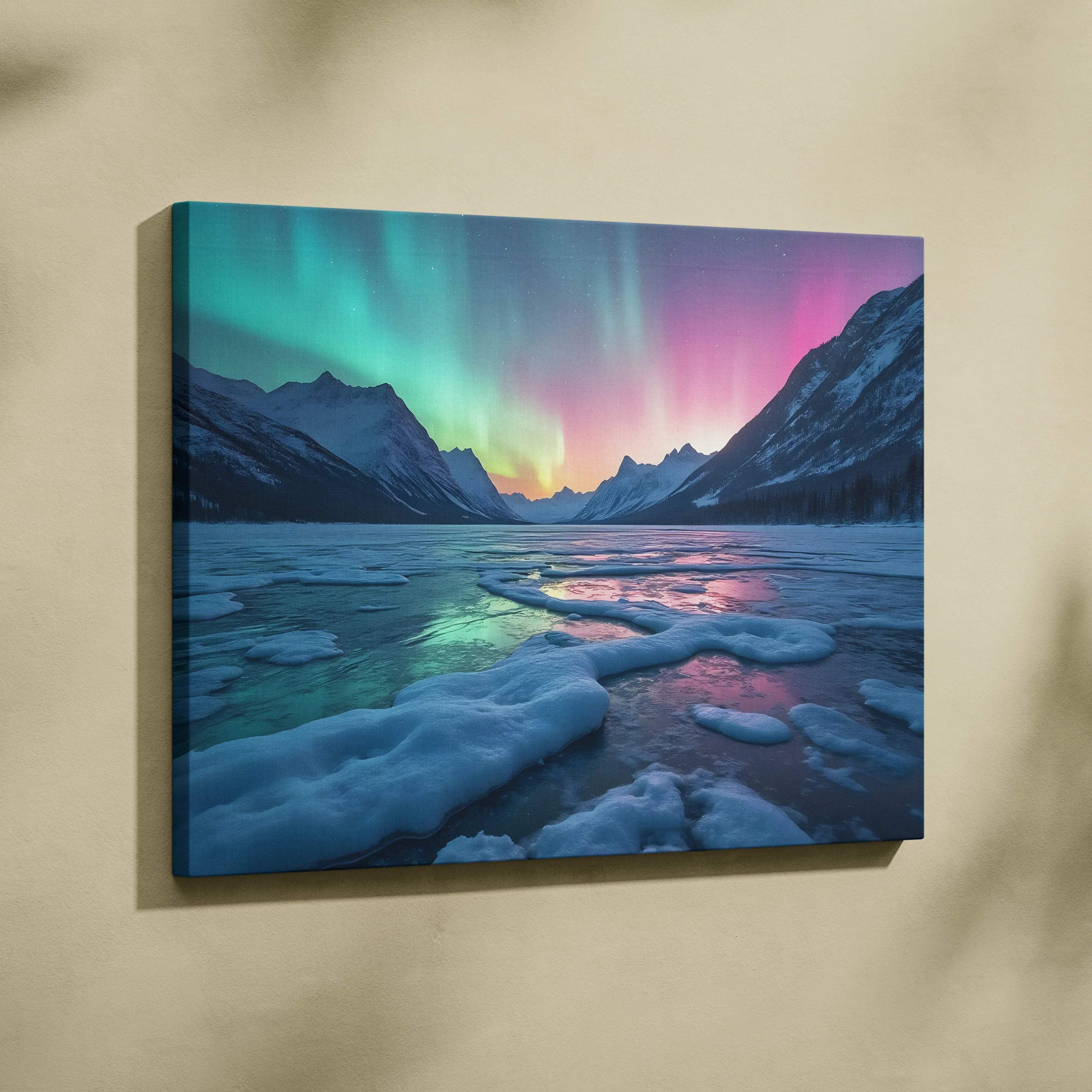 Serene northern lights over frozen lake and snow-capped mountains canvas art