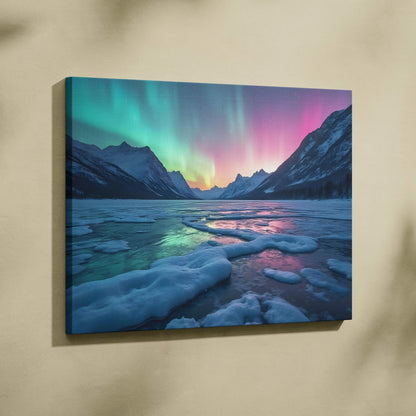 Serene northern lights over frozen lake and snow-capped mountains canvas art