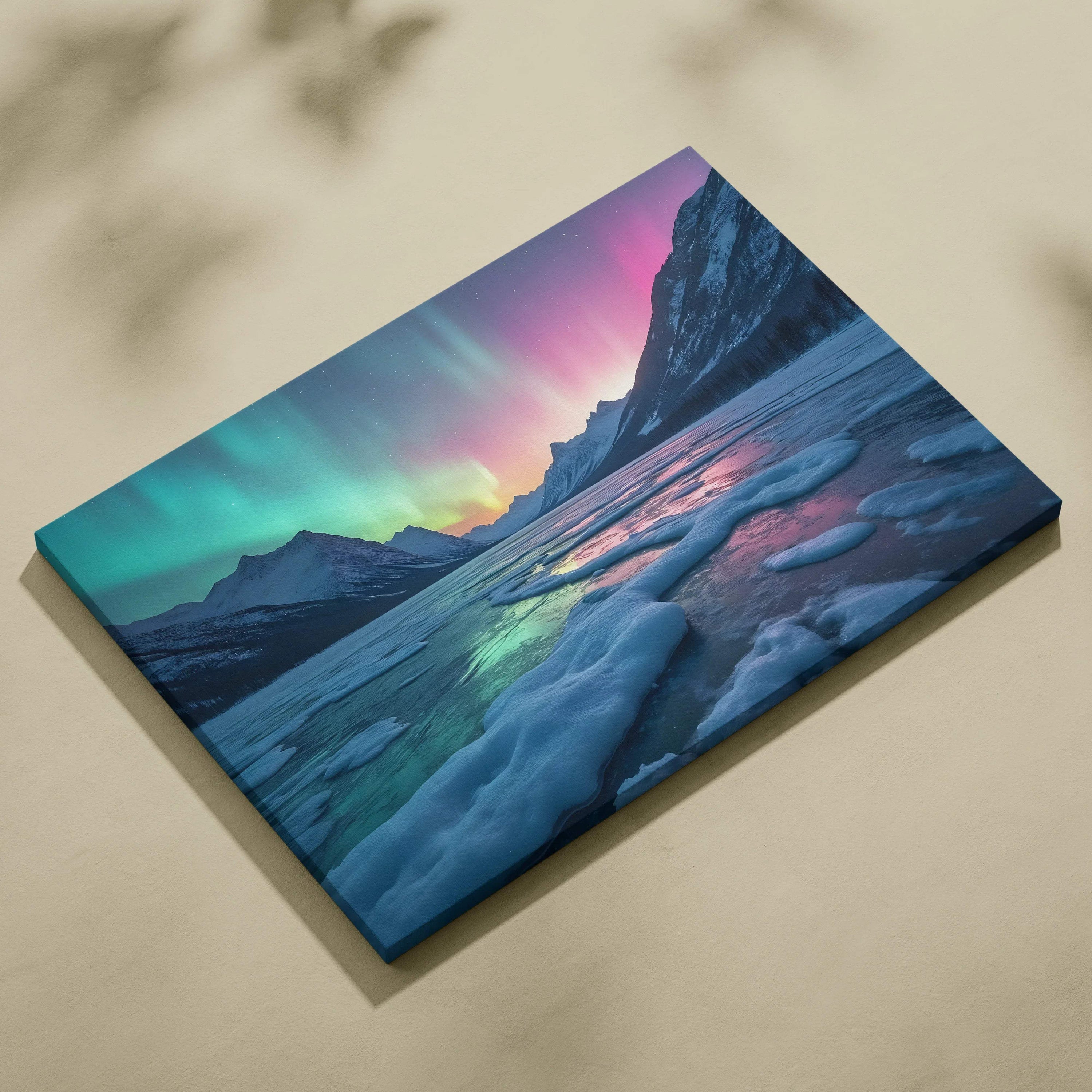 Serene northern lights over frozen lake and snow-capped mountains canvas art