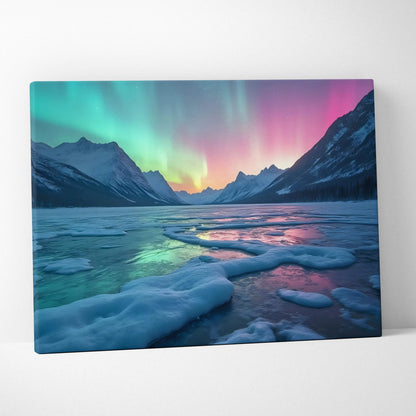 Serene northern lights canvas wall art with green pink aurora reflections