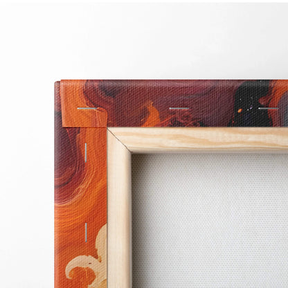 Back of wooden frame with vibrant orange red abstract canvas and stitching